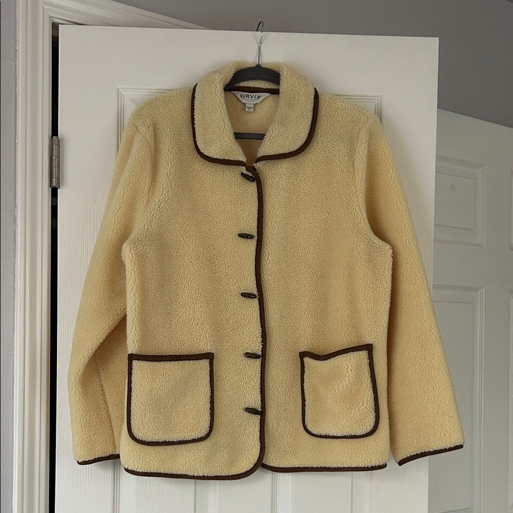 Orvis Women's Barn Style Sherpa Jacket with Brown Trim Wood Buttons Large